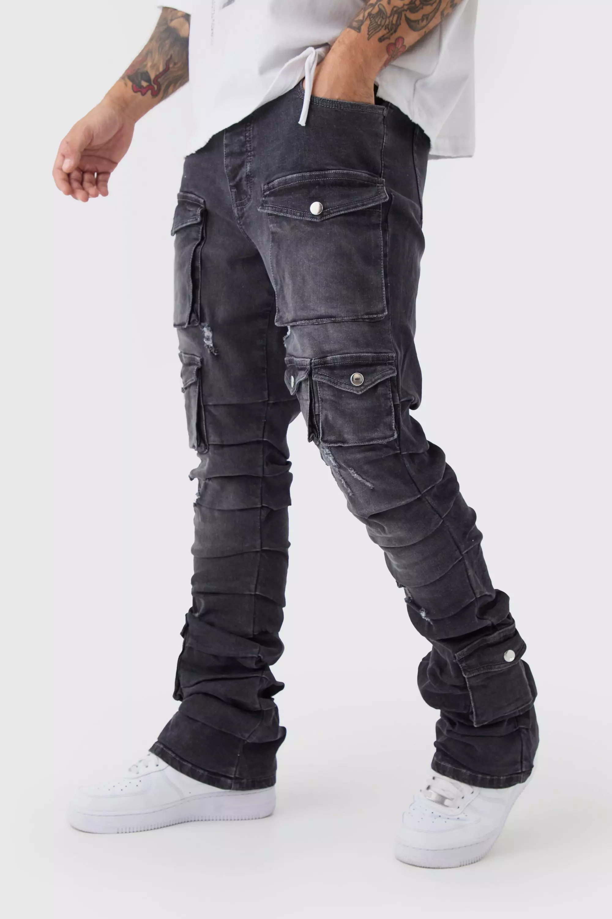 Skinny Stacked Multi Cargo Pocket Flared Jeans | boohooMAN USA
